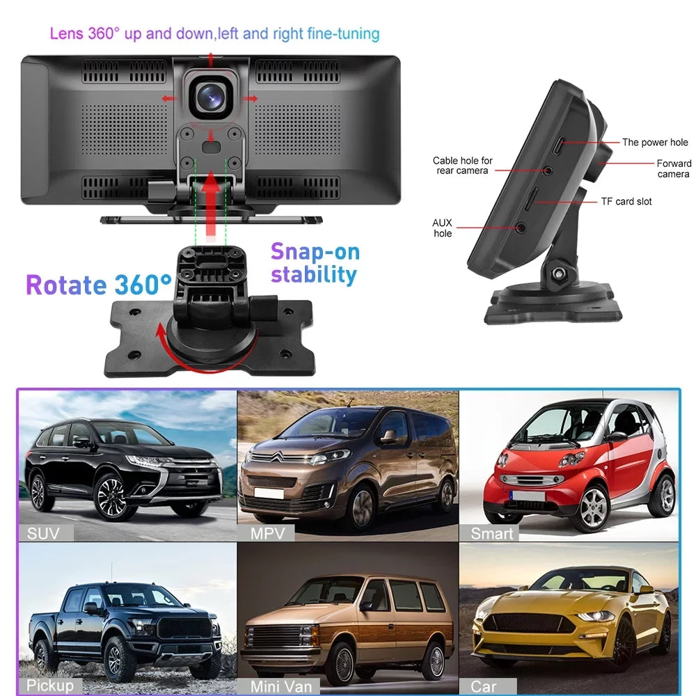 Podofo 7-32V 9.3" Portable Car Stereo Radio Wireless Carplay Android Auto Dash Cam  Car  Player, with 32G Card&Backup Camera