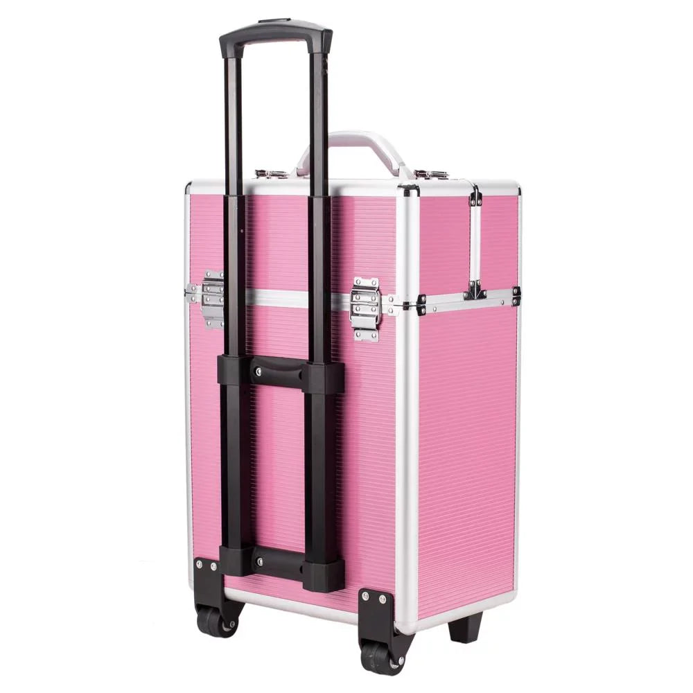Ktaxon 3 in 1 Pro Rolling Aluminum Makeup Case, Lockable Cosmetic Train Box Storage Trolley, Pink