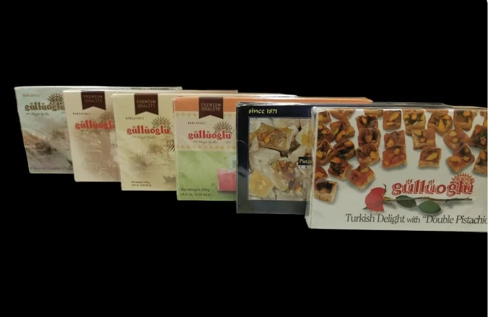 Gulluoglu Turkish Delight Assorted Flavors, 6 Pack (8.8 oz - 250 gr Each), daily fresh shipment from Istanbul/Turkey