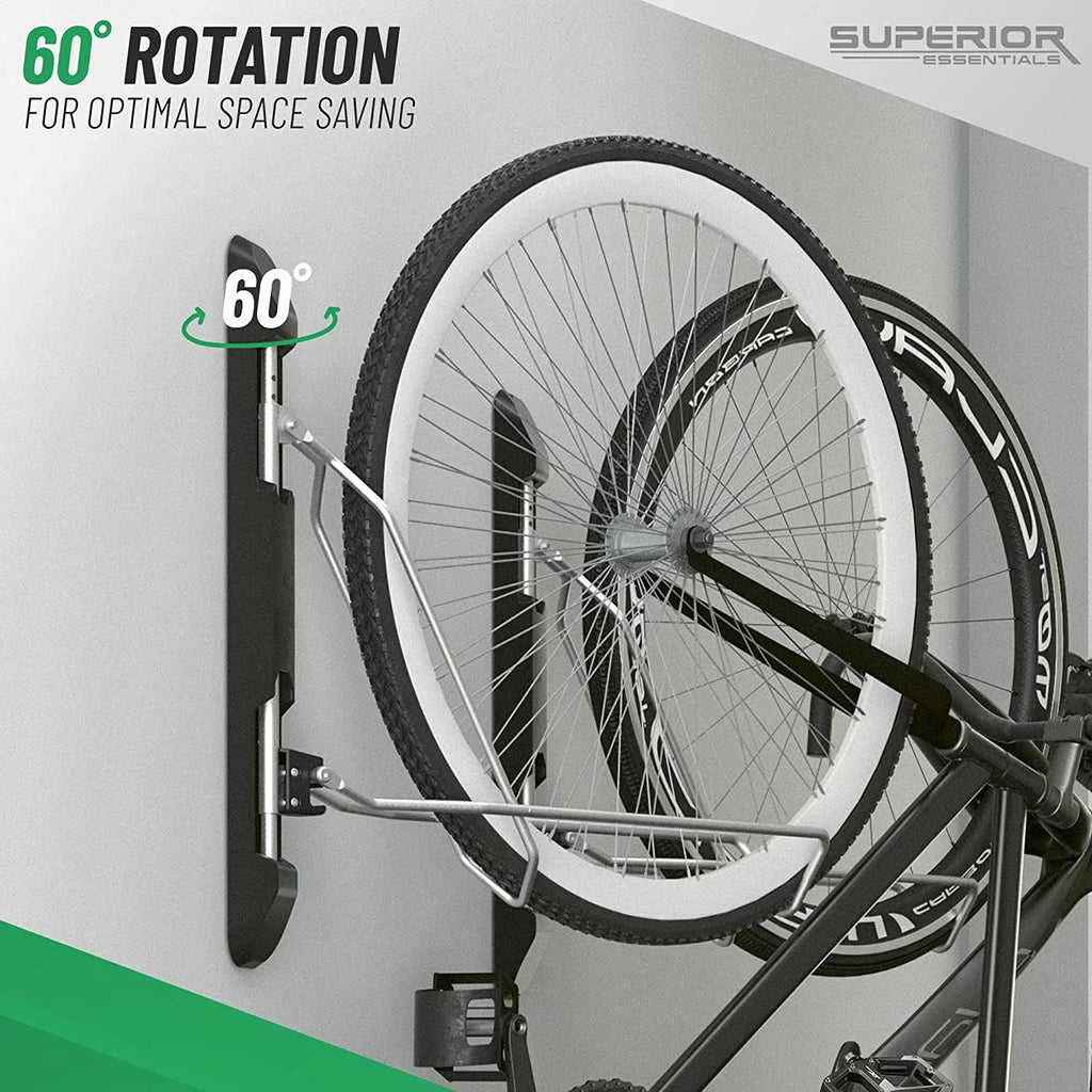 Superior Essentials Vertical Bike Rack - Easy to Hang and Detach, 180-Degree Swivel Swing, Foldable Bike Wall Mount - Maximize Your Garage Space with Our Top-Notch Bike Hangers for Garage (Black)