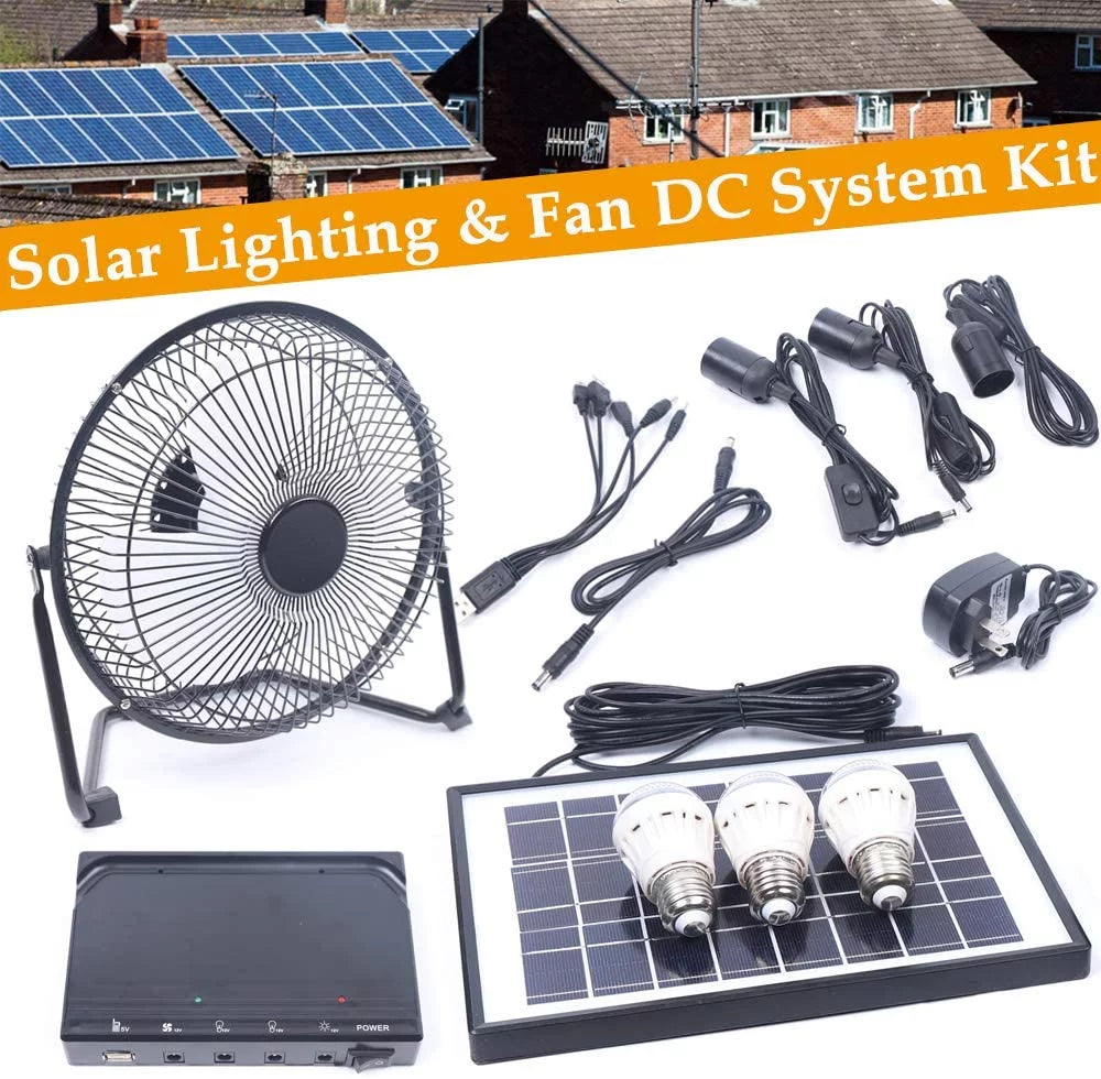 Miumaeov 8 Inch Solar Powered Fan, Portable Solar Powered Panel+Fan+3x1W 12V Bulbs with Adapter for Ventilation Caravan Camping Home Office Outdoor Traveling Fishing