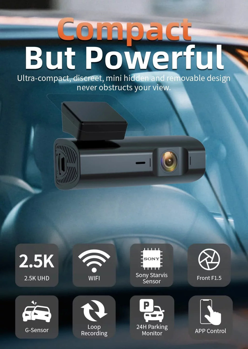 2.5K Full  Dash Cam, Dash Camera with WiFi, Loop Recording,  Control, Night Vision, -Sensor, 24 Hours Parking Monitor, Support 64GB Max