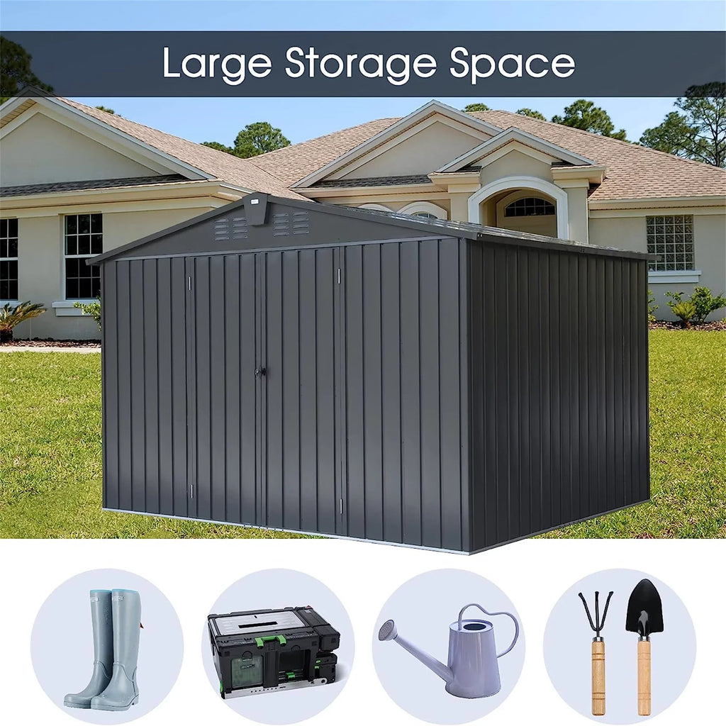 CoSoTower Outdoor Storage Shed 10' 8', Metal Garden Shed for Bike, Trash Can, Tools, Galvanized Steel Outdoor Storage Cabinet with Lockable Door for Backyard, Patio, Lawn (10X8ft, Black)