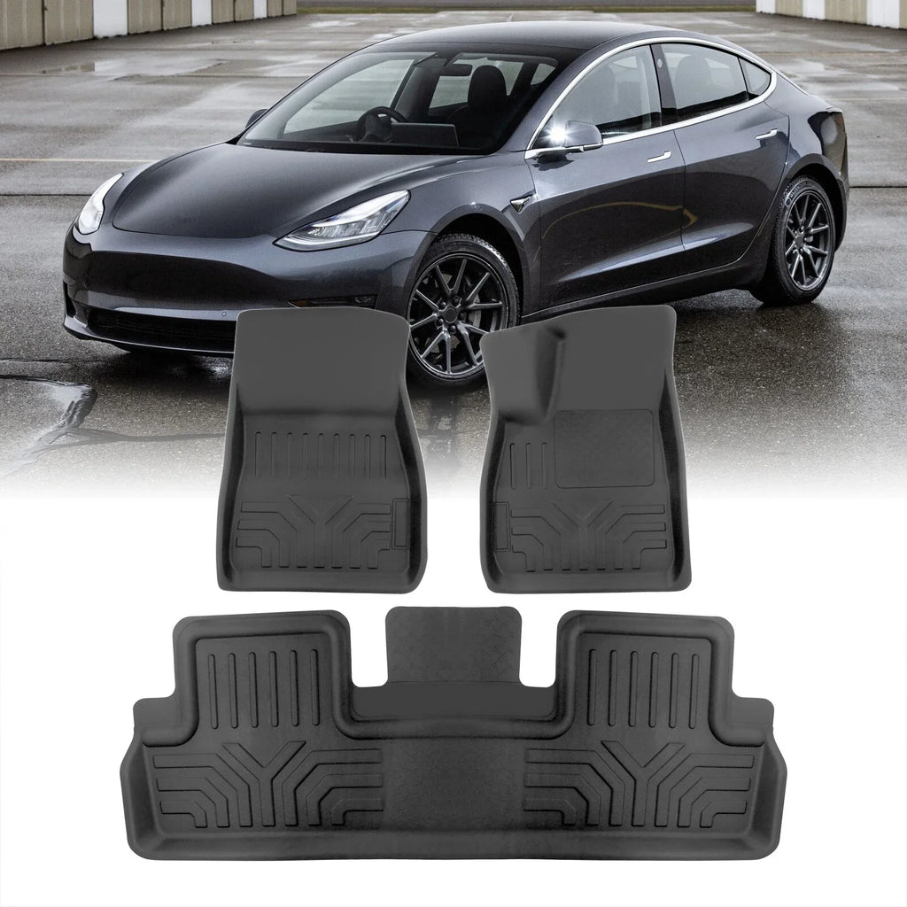 Distributors All Weather Season Proof Protection Guard  Rubber Floor Mats Liner Front & Rear Set Compatible/Replacement For Tesla Model 3 2017 2018 2019 2020 2021 2022 2023 17 18 19 20 21 22 23