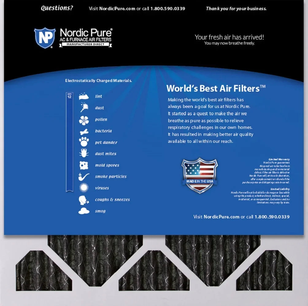 Nordic Pure 16x16x1 Pleated Air Filters  12 Pleated Plus Carbon 12 Pack