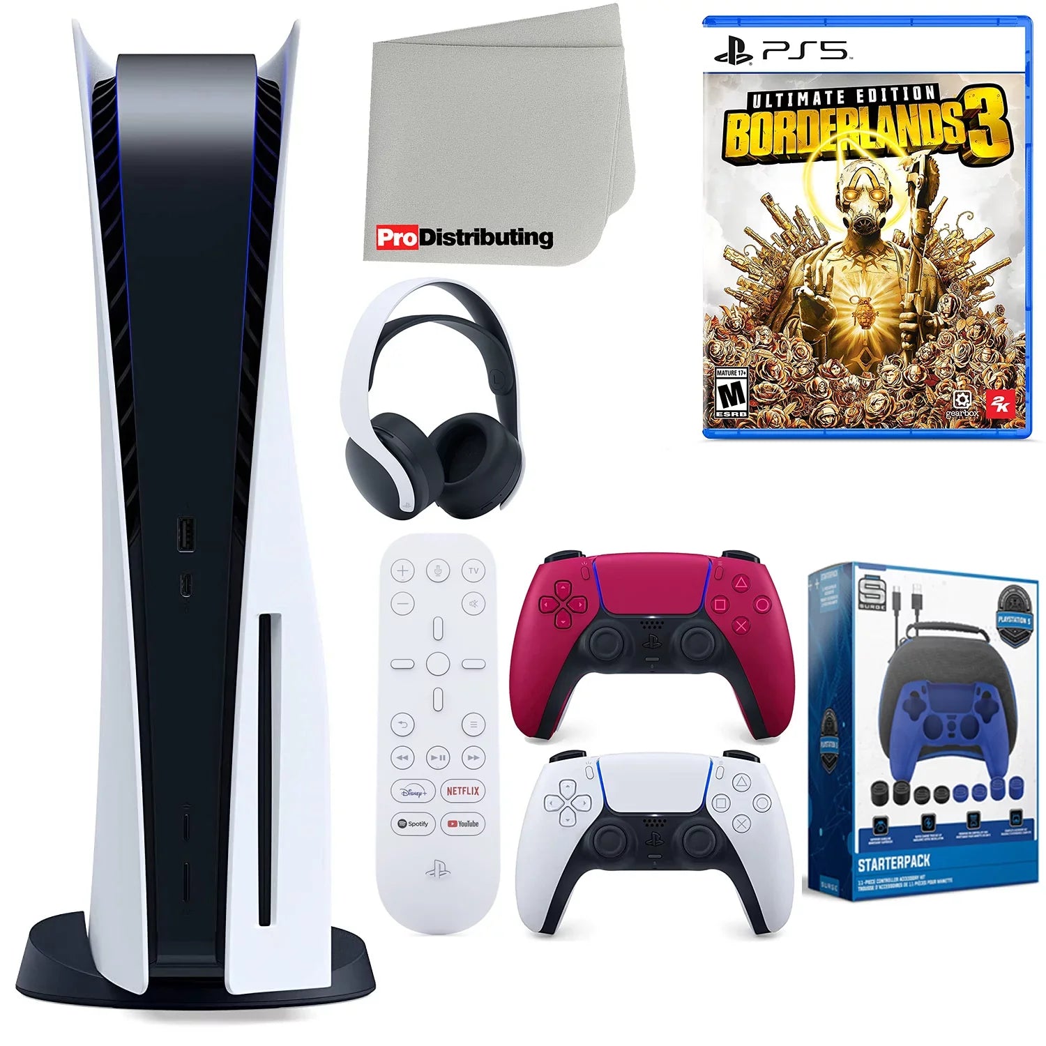 Sony Playstation 5 Disc Version (Sony  Disc) with Cosmic Red Extra Controller, Headset, Media Remote, Borderlands 3 Ultimate Edition, Accessory Starter Kit and Microfiber Cleaning Cloth Bundle