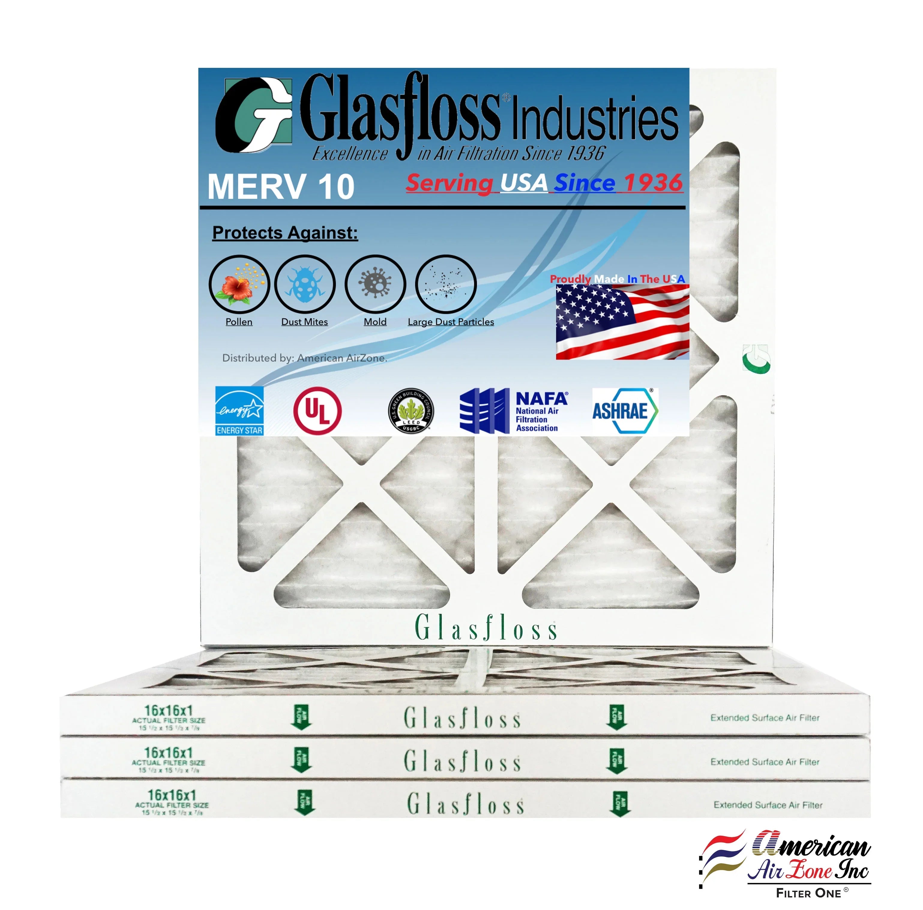 Glasfloss 16x16x1 -  10 -Qty:4 - Furnace Air Filter - Made in  (Actual Size: 15.5 x 15.5x7/8 inch)