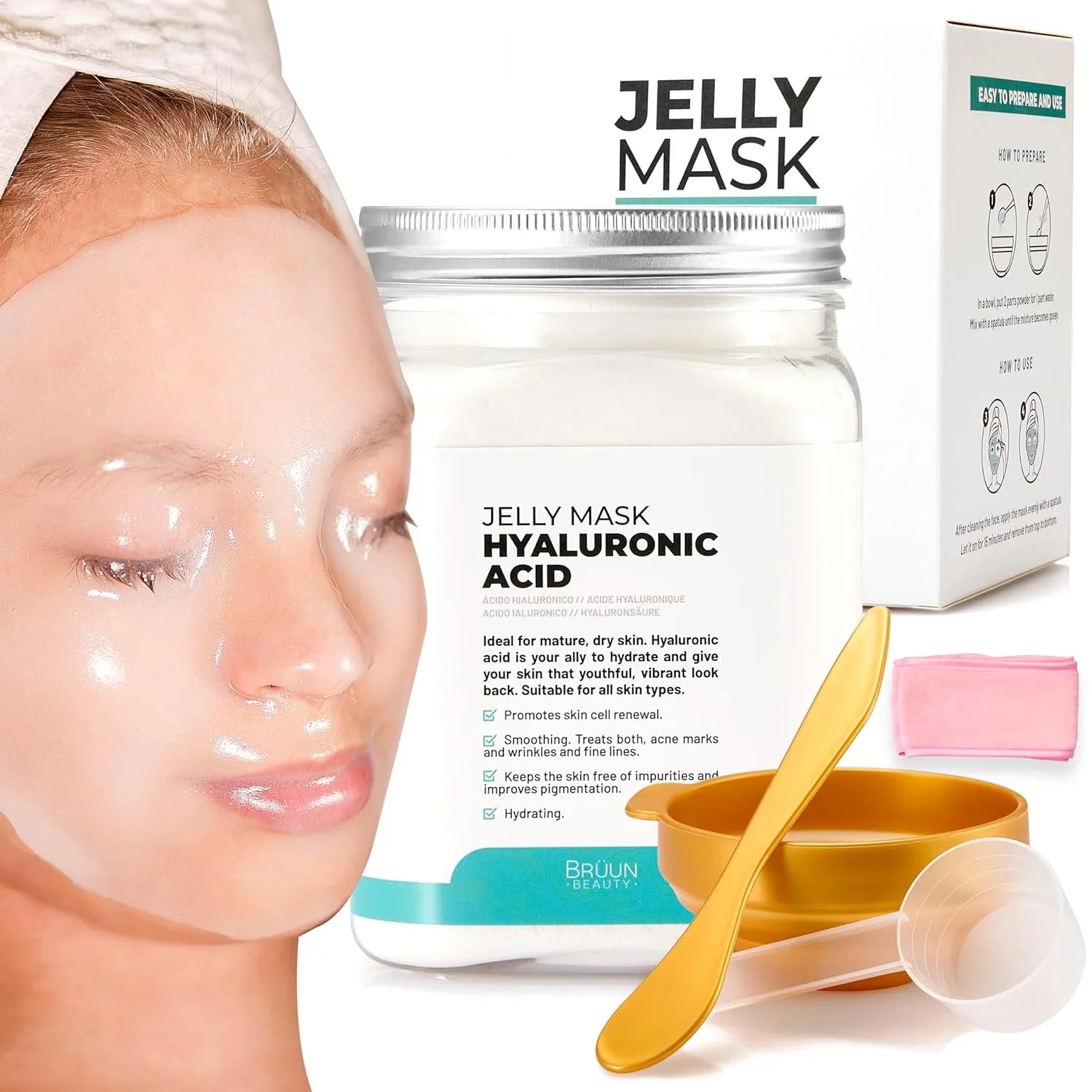 BRÜUN Peel off Jelly Mask Jar – Hyaluronic - Spa Set of Rubber Mask for Face – 23 fl oz