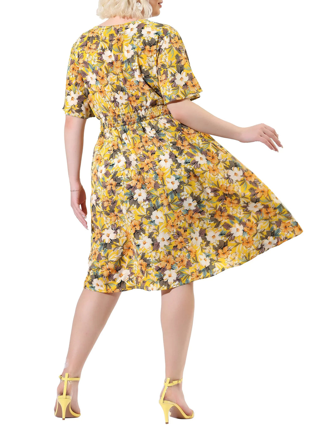 Juniors' Plus  Neck Floral Print Flare Sleeve Casual Midi Dress Yellow 3X