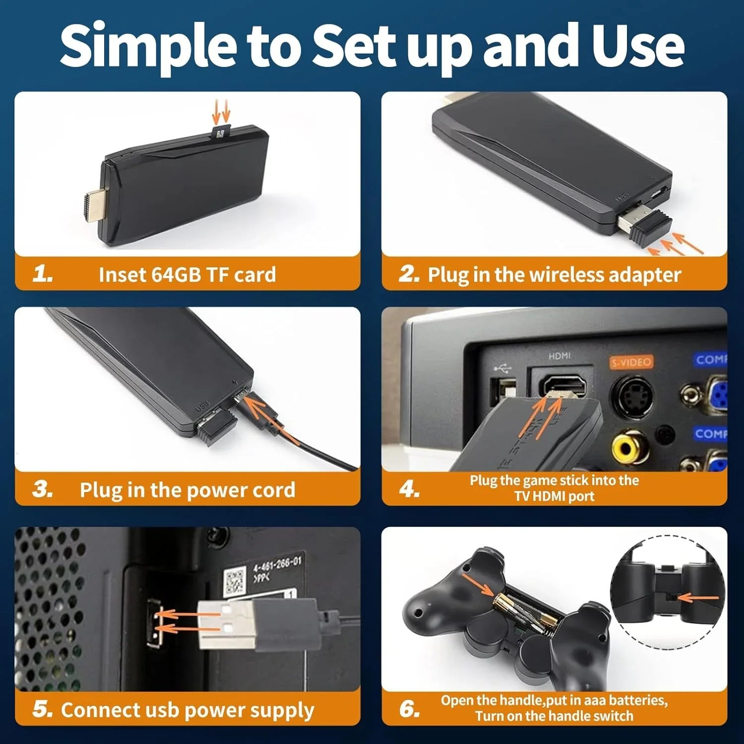 Game Stick 64G, 25,000+ Retro Games, Compatible with 12 Emulator Console, Wireless Retro Game Console Support 4K  Output, Plug and Play Video Games for , 2.4G Wireless Controllers