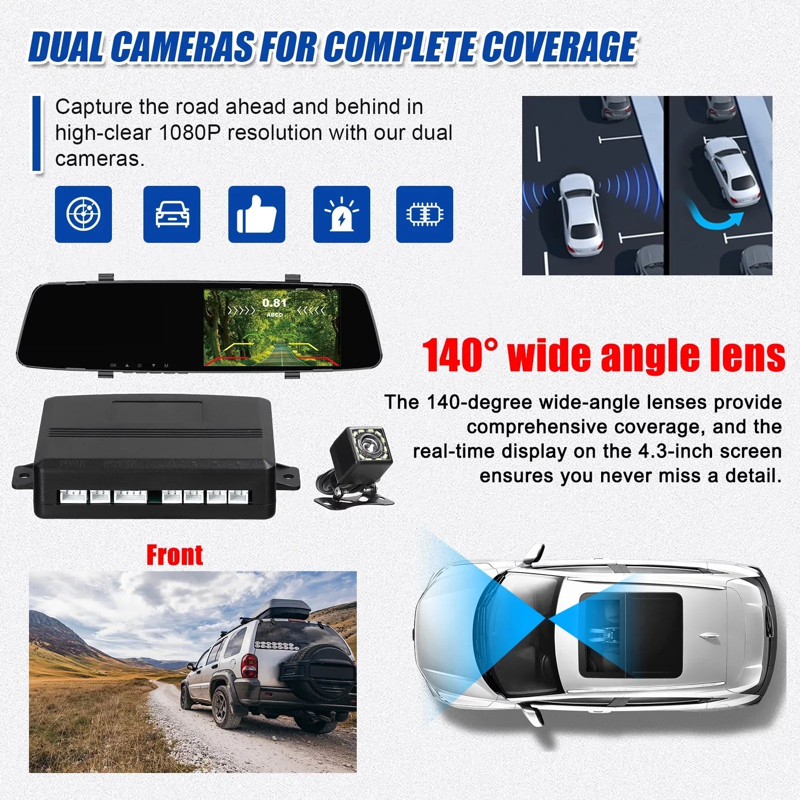 Dazzduo Dash Camera,Camera 4.3 Inch 1080P  Dash 4 Reverse Radars Rear Dual Camera Radars Rear Dual Reverse Radars Rear 4.3 Inch Screen Inch Screen Support Dash Camera Reco Dash Cam Rear