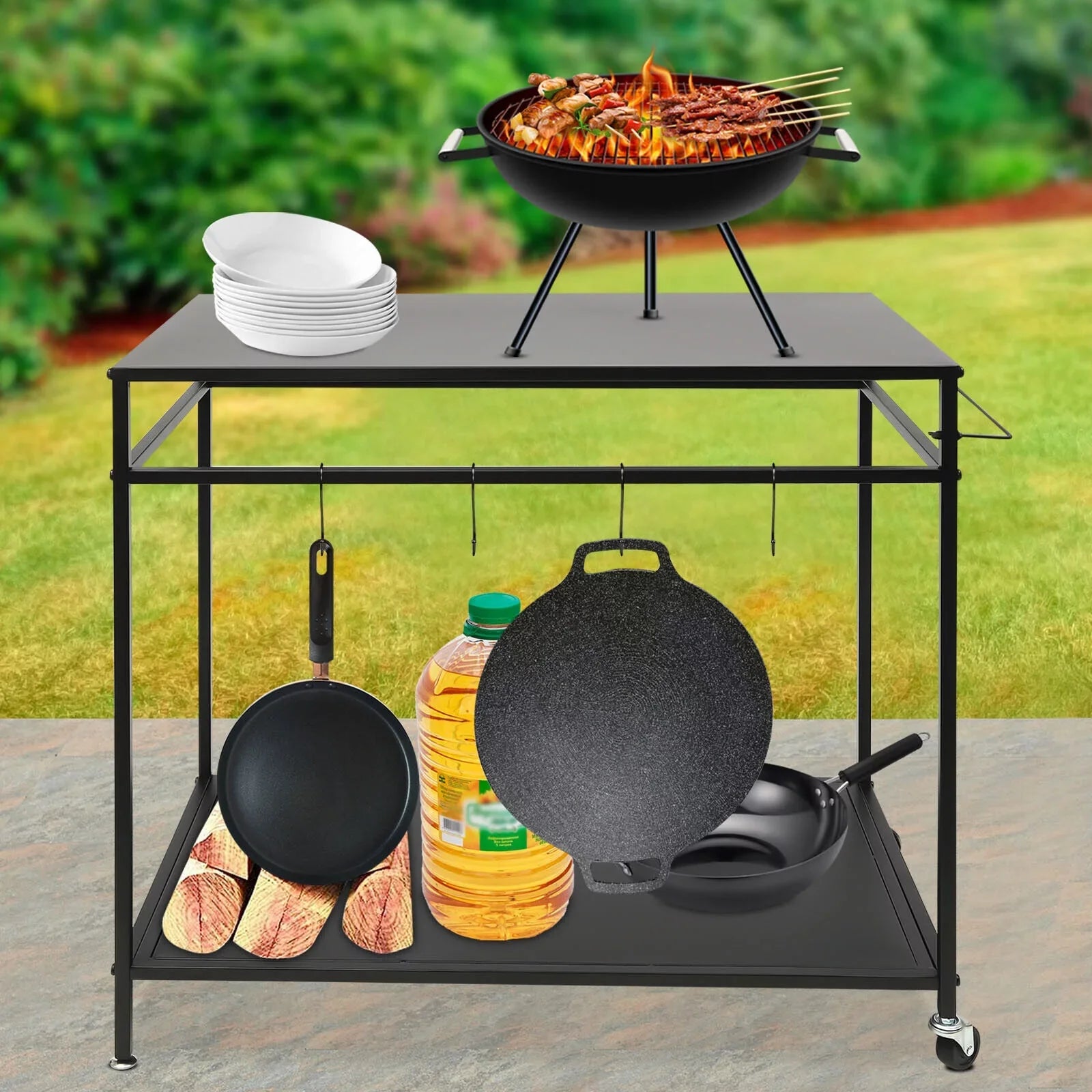 Outdoor Cook Station Table 2-Tier Shelf Food Prep  Grill Serving Cart Movable Rack