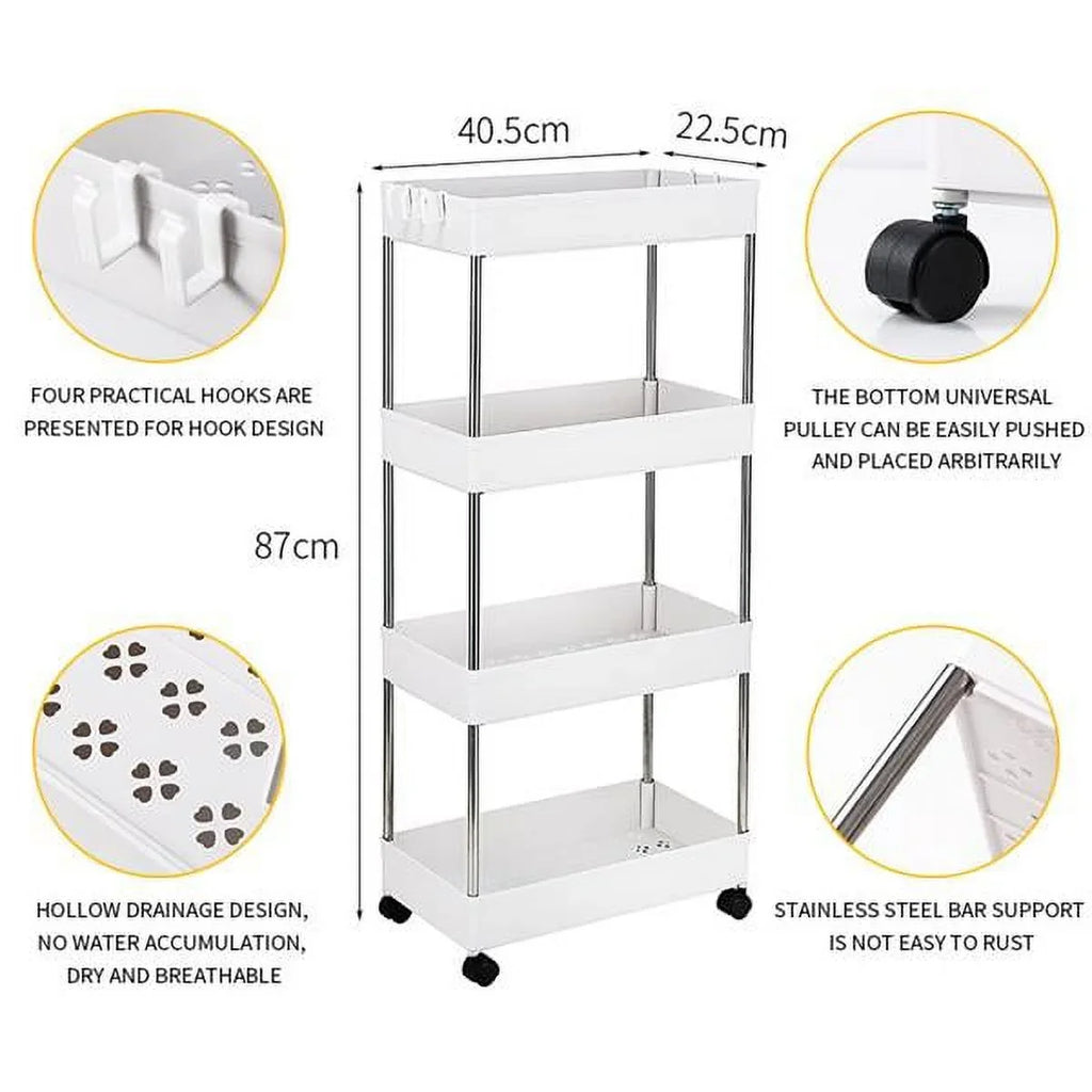 4-Tier Rolling Storage Cart with 4 hooks, Utility Cart with Wheels, for Kitchen, Bathroom, Laundry Room, Plastic and Stainless Steel, White