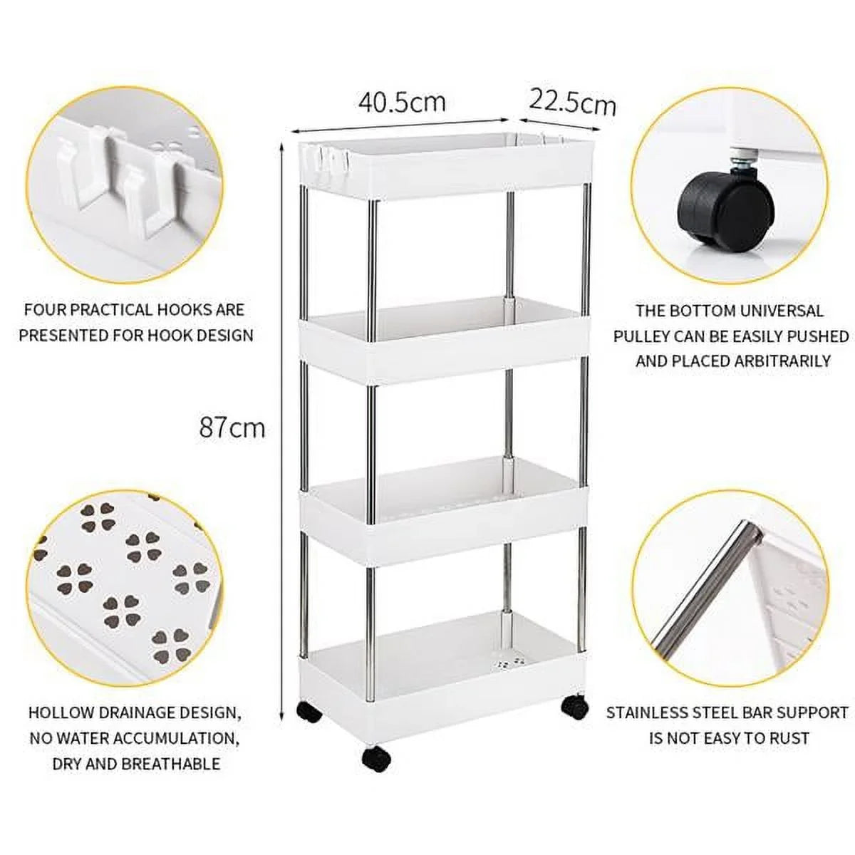 4-Tier Rolling Storage Cart with 4 hooks, Utility Cart with Wheels, for Kitchen, Bathroom, Laundry Room, Plastic and Stainless Steel, White
