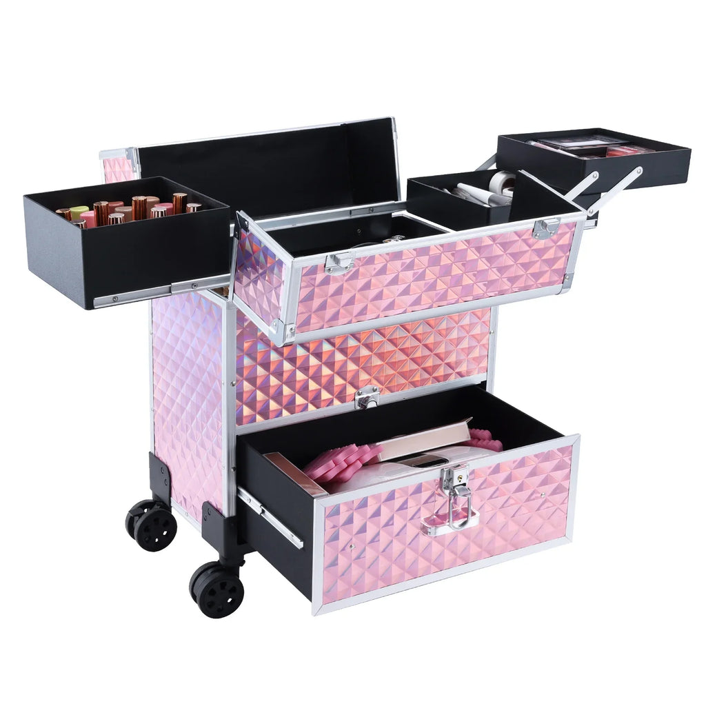 Joligrace Professional Rolling Makeup Case Cosmetic Trolley with Drawers, Pink