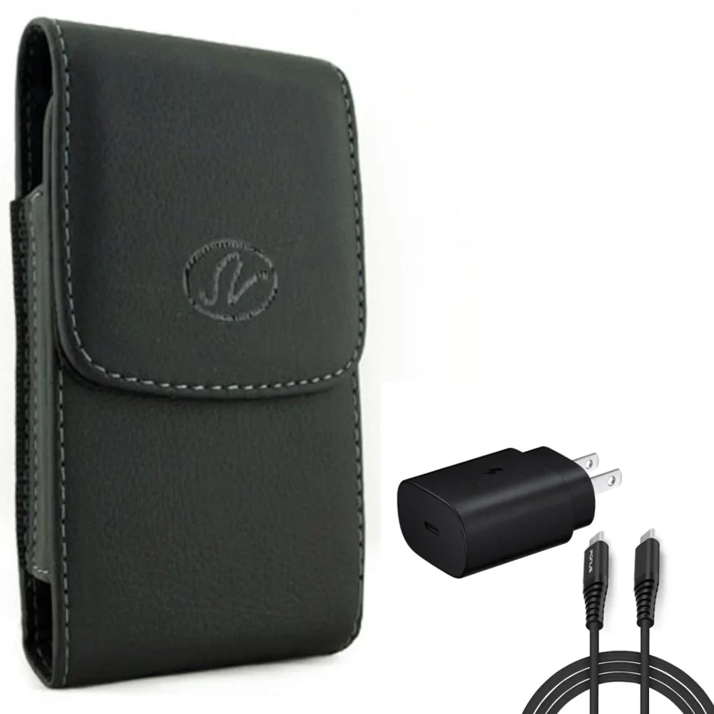 6ft - Cable  Type- 25W Fast Home Charger w Holster Leather Case Belt Clip for  Stylo 4 Plus, Harmony 4 - Lively Jitterbug Smart3 - Motorola One Zoom, Moto   Play  Play