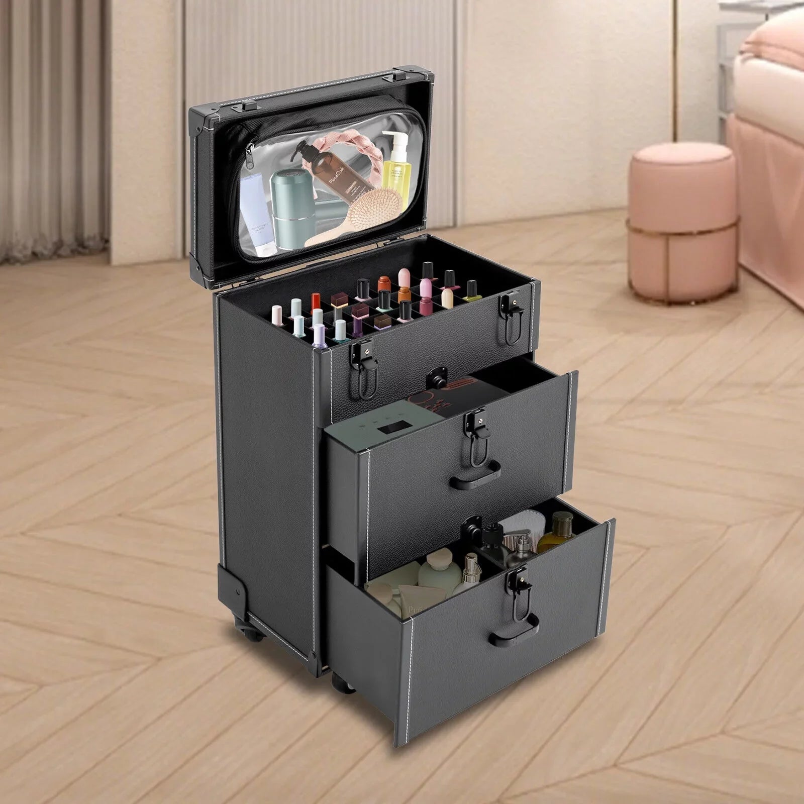 Miumaeov Rolling Makeup Train Case Professional Cosmetic Trolley Storage Luggage Box Nail Polish Organizer