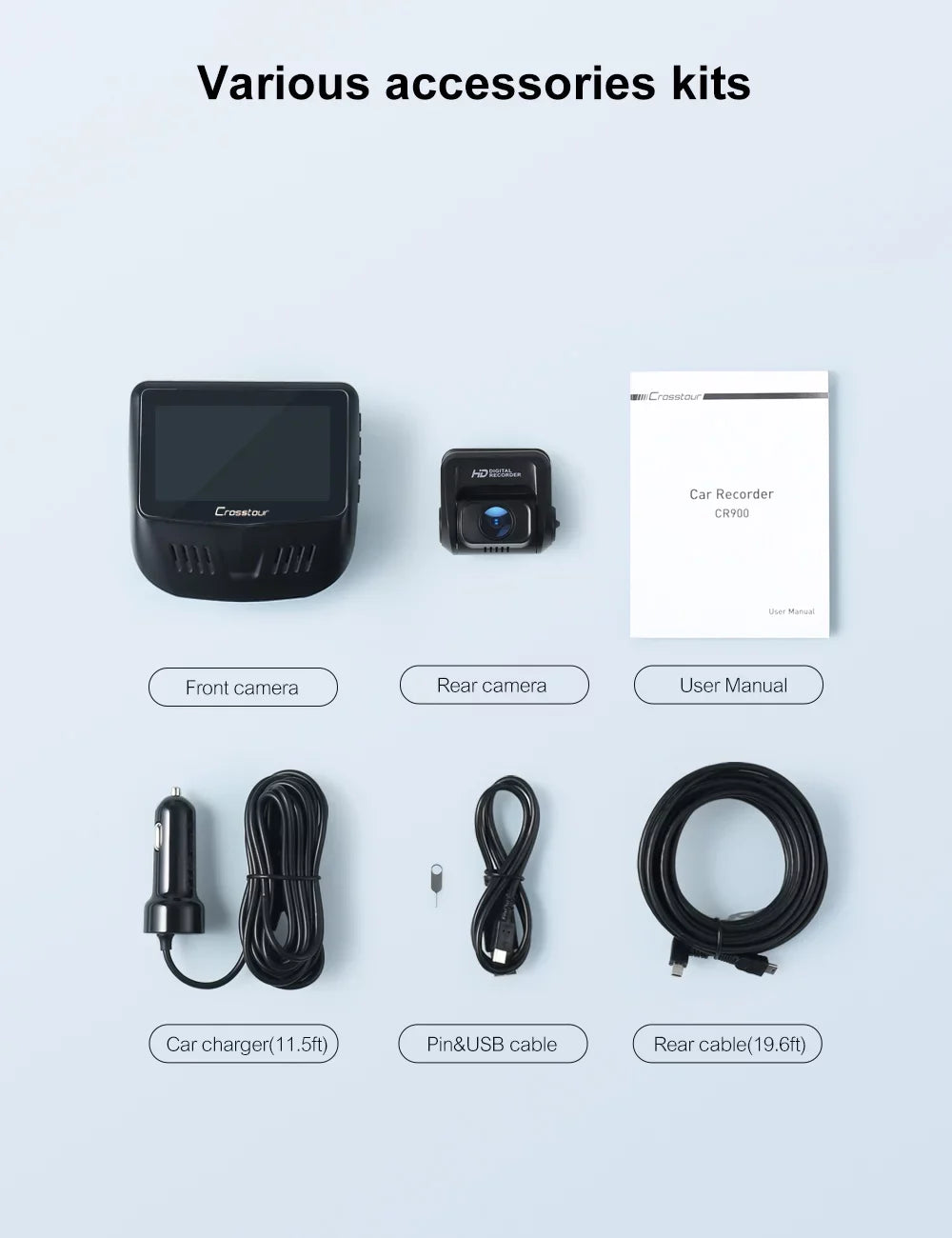 Crosstour Dash Cam,1080P Front and Rear 3”Car Security Camera,External  Supported,Sony Sensor,128GB Max,Black