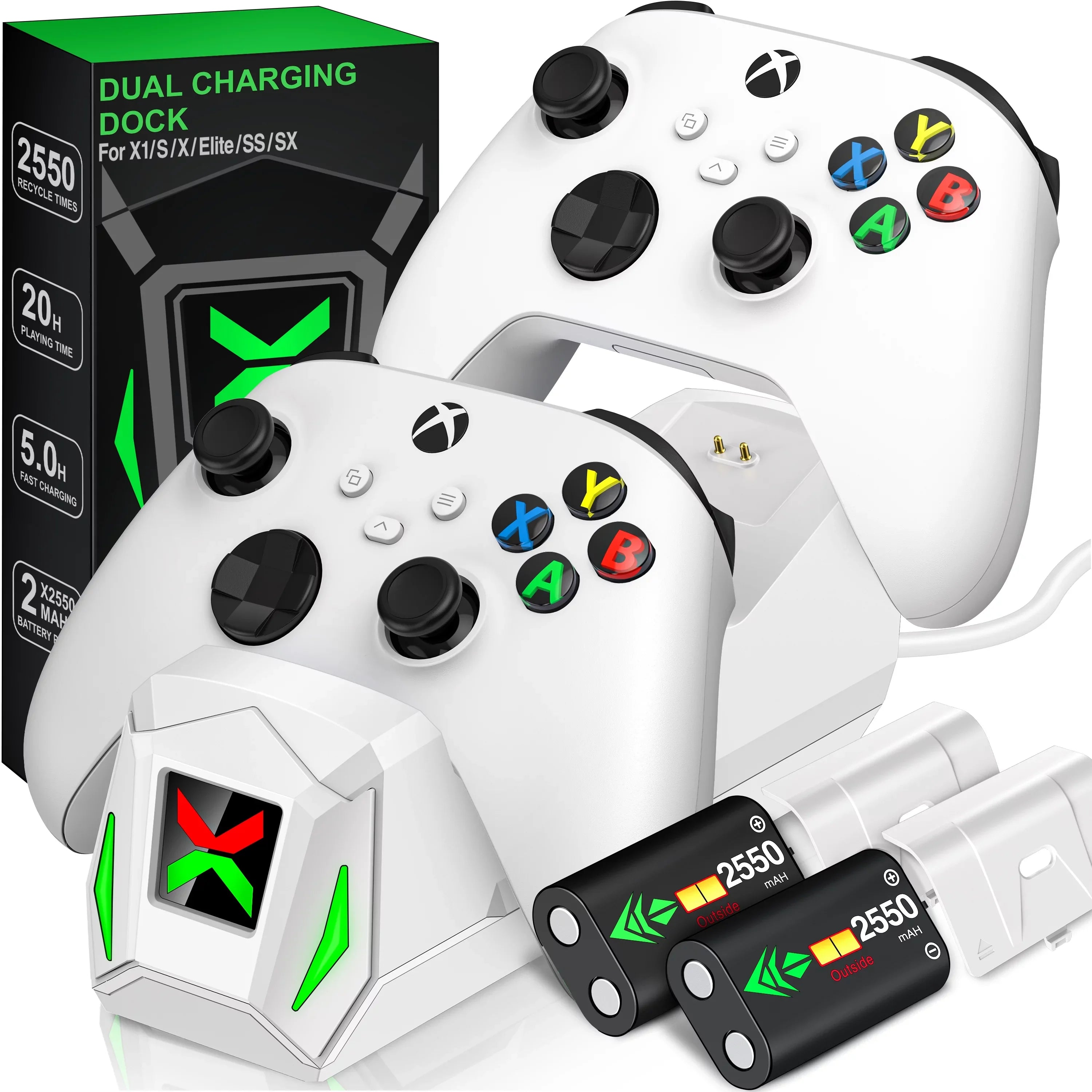 Xbox Controller Charger,Xbox Charging Station Dock with 2x2550mAh Rechargeable Battery Packs for Xbox One/Series | Controller Accessories-White