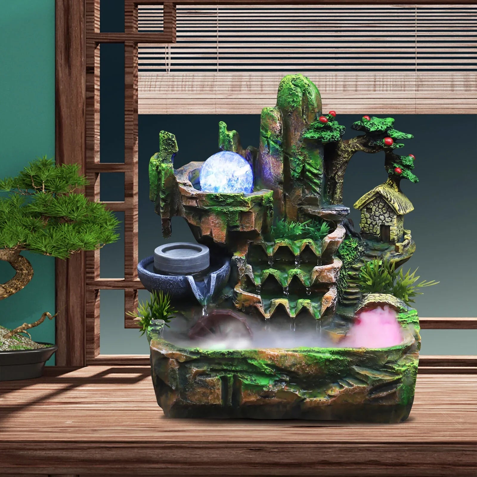 ZhdnBhnos Indoor Tabletop Fountain With Atomizer & Led Light Rockery Waterfall Home Office Fengshui Decoration