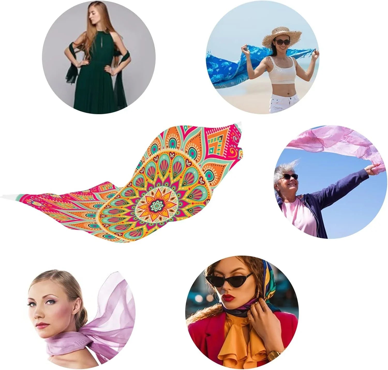 Hyjoy Floral Mandala Long Silk Neck Scarf Lightweight Shawl Wrap Scarves for Women Girls