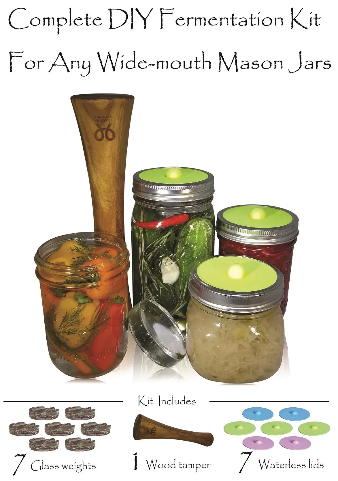 Canning kit. Complete  fermentation kit for wide mouth mason jars or pickling jars for 7 sets for making pickles, sauerkraut, kimchi, etc  Glass weights, tamper, airlock lids, and recipe included.