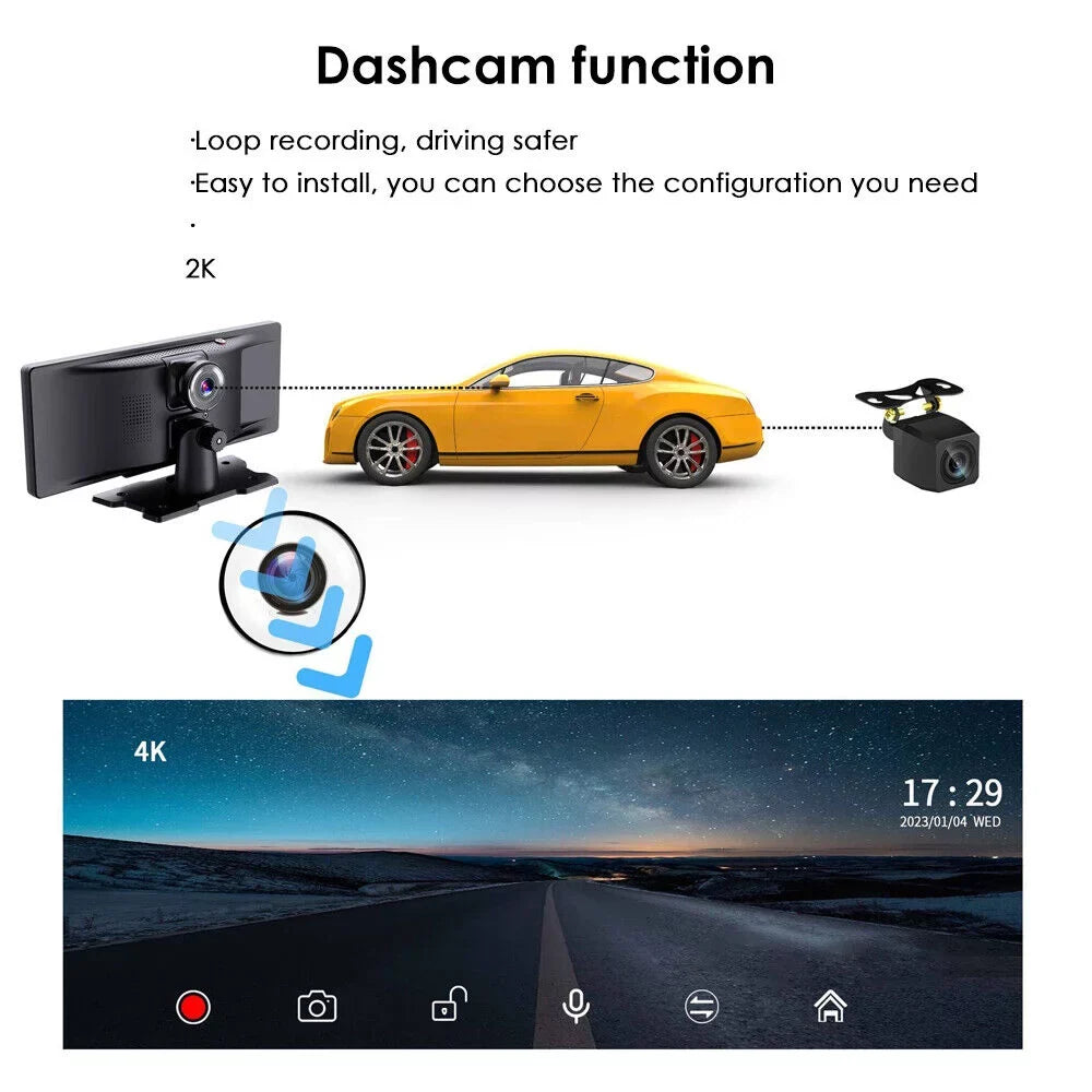 KingFurt  Touch Screen Wireless Dash Cam - Dual Lens, Bluetooth Connected, 2K Resolution, 10.26''  Screen, WiFi Enabled
