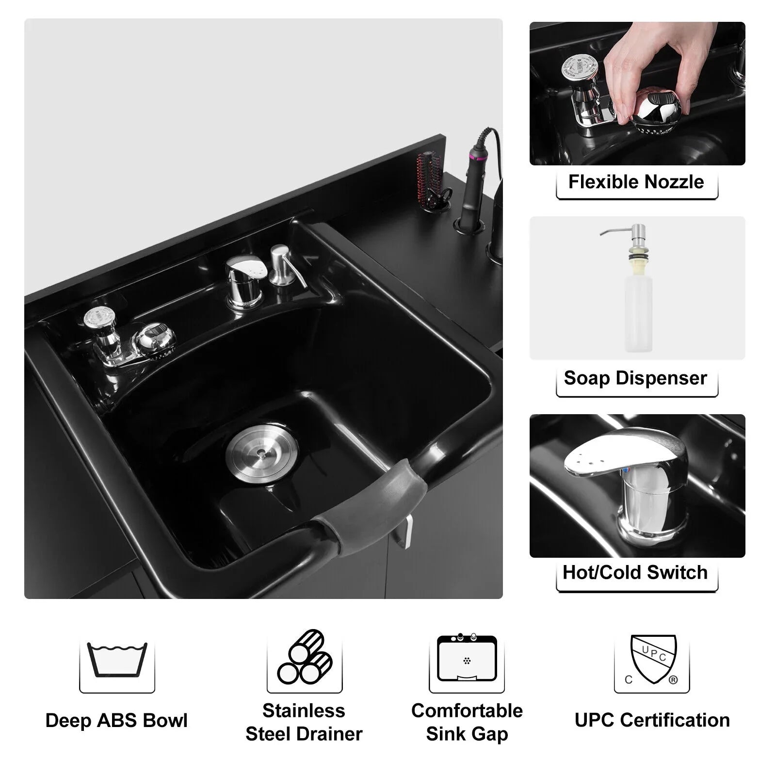 Artist hand Backwash Sink Shampoo Station Hair Salon Beauty with ,Hair Dryer Holes, Trap,Drawer(Black)