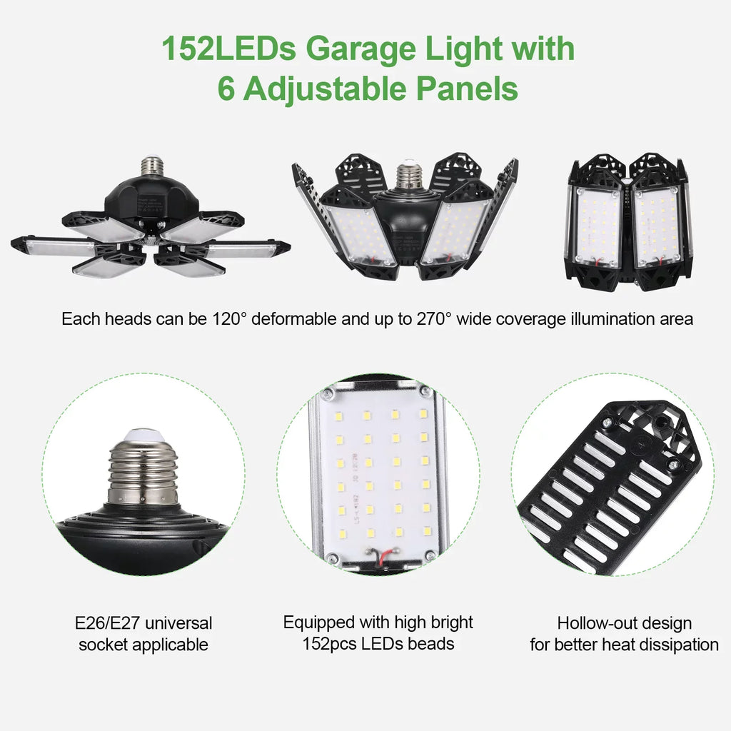 Neoglint 2PCS  -265V 160W 152LEDs Garage Light with 6 Adjustable Panels Deformable Folding Foldable Ceiling Lamp / Base Socket Holder for Garage Warehouse Workshop Basement Gym Kit
