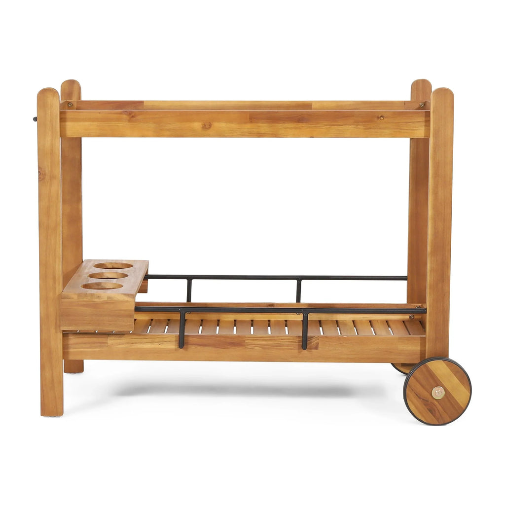 Studio Bonneau Outdoor Acacia Wood 2 Tiered Bar Cart with Bottle Holders, Teak and Black