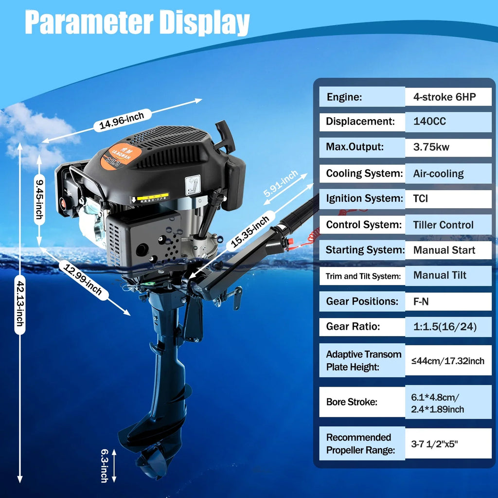 Fichiouy 6  4 Stroke Outboard Motor Engine Tiller Shaft Boat Engine Air Cooling 2500rpm with  Water Air Cooling System 1:1.5