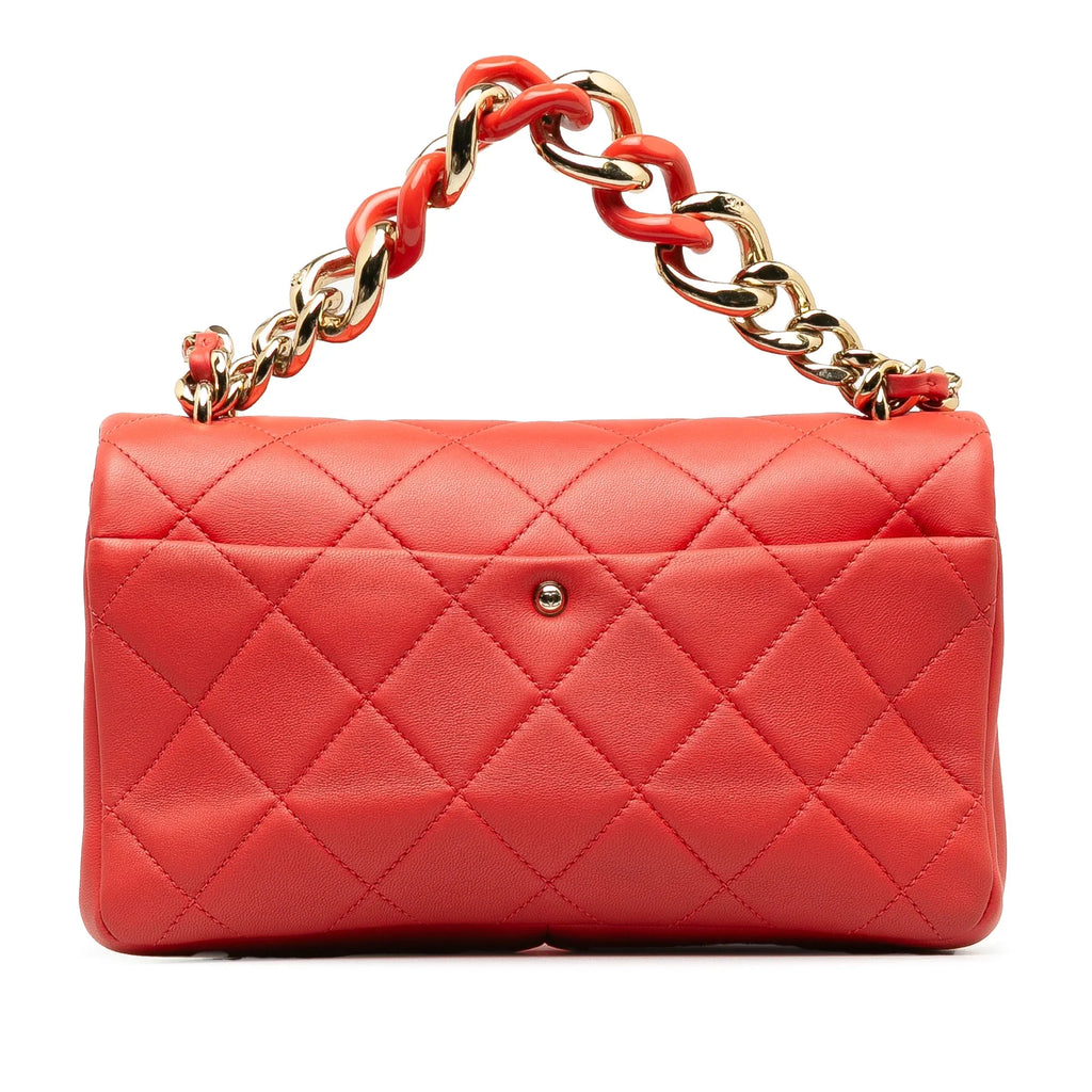 Pre-Owned Authenticated Chanel Small Lambskin Elegant Chain Single Flap Leather Red Satchel Unisex (Good)