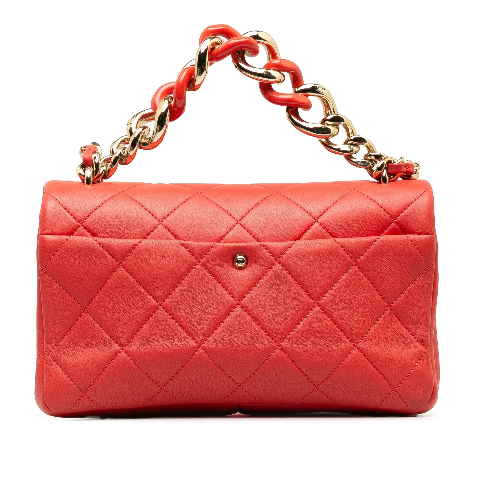 Pre-Owned Authenticated Chanel Small Lambskin Elegant Chain Single Flap Leather Red Satchel Unisex (Good)