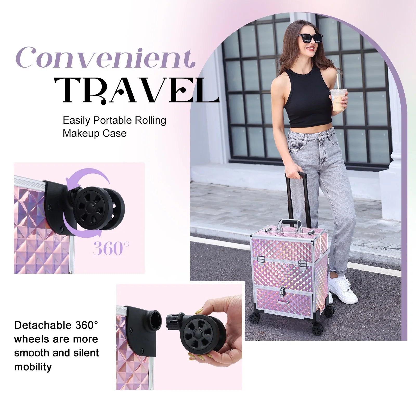 Joligrace Professional Rolling Makeup Case Cosmetic Trolley with Drawers, Pink