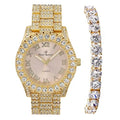 Women's Big Rocks Bezel Colored Dial with Roman Numerals Fully Iced Out Watch w/Matching Bling'ed Out Tennis Bracelet -  ( Gold - Blush)