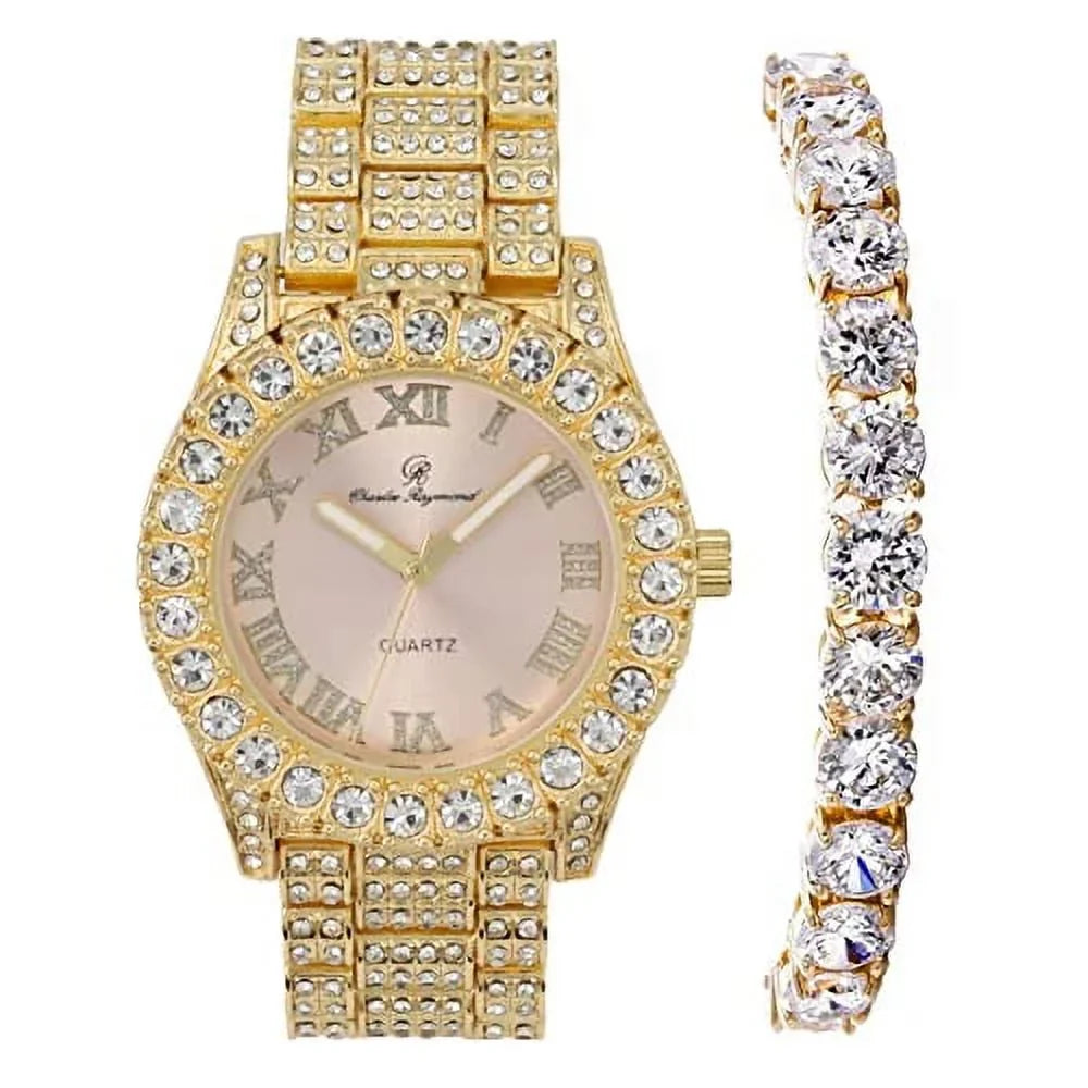 Women's Big Rocks Bezel Colored Dial with Roman Numerals Fully Iced Out Watch w/Matching Bling'ed Out Tennis Bracelet -  ( Gold - Blush)