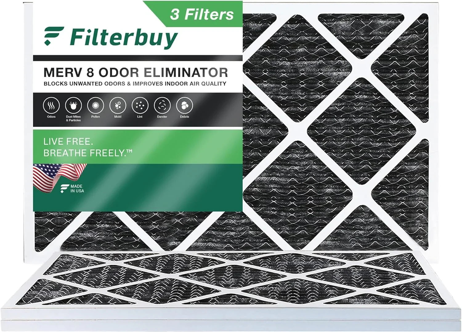 Filterbuy 12x25x1  8 Odor Eliminator Pleated   Furnace Air Filters with Activated Carbon (3-Pack)