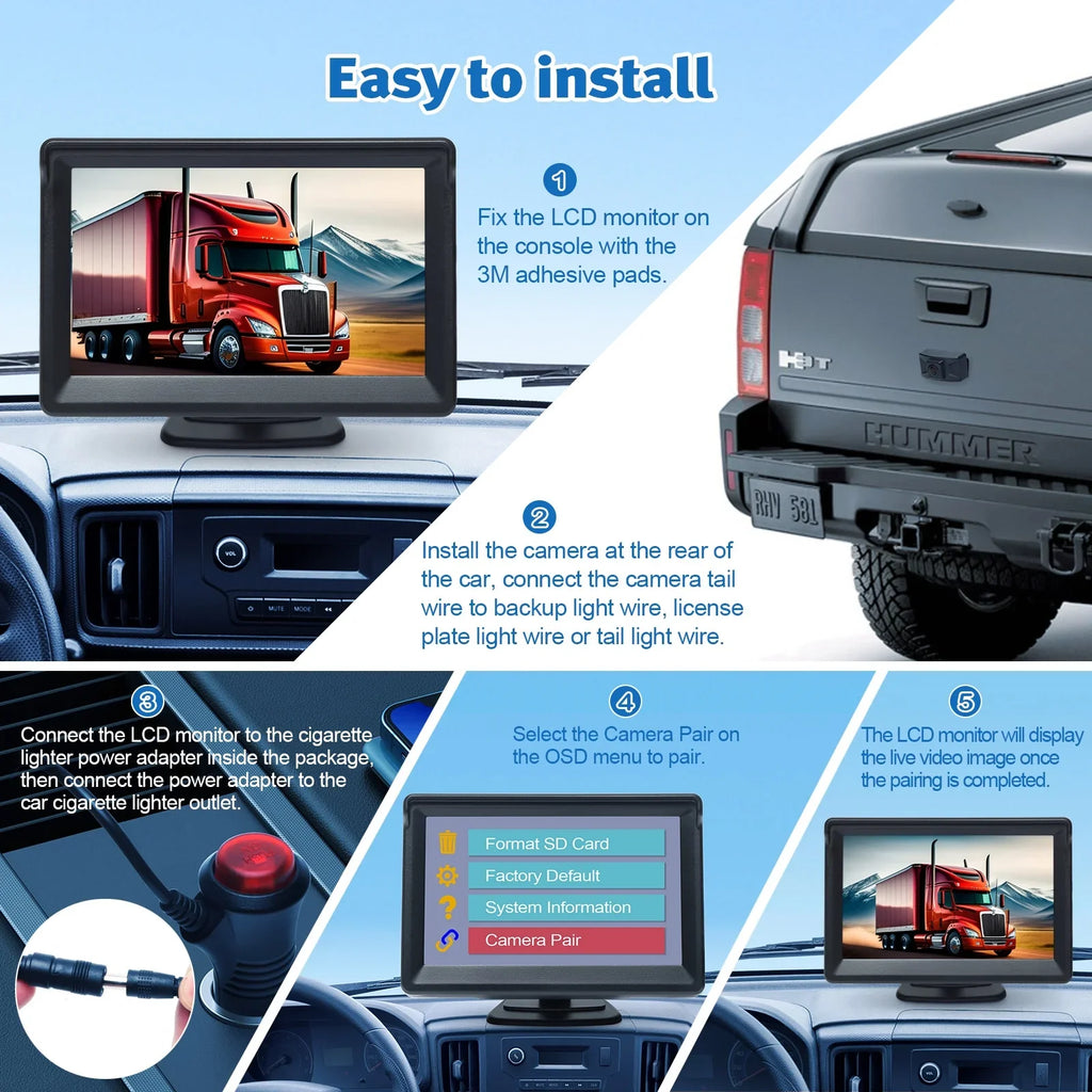 Wireless Backup Camera Kit 5 Inch  Monitor  Video Recorder with  Menu Rear View Camera 720P  Reverse Camera for Car Van Truck Camper Trailer