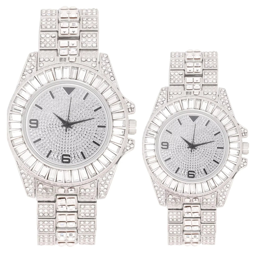 King and Queen Bling'ed Out His and Hers Hip Hop Matching Watch Set - Perfect for Today's Power Couple on Point -  His/Hers (ST10372Slv Silver)