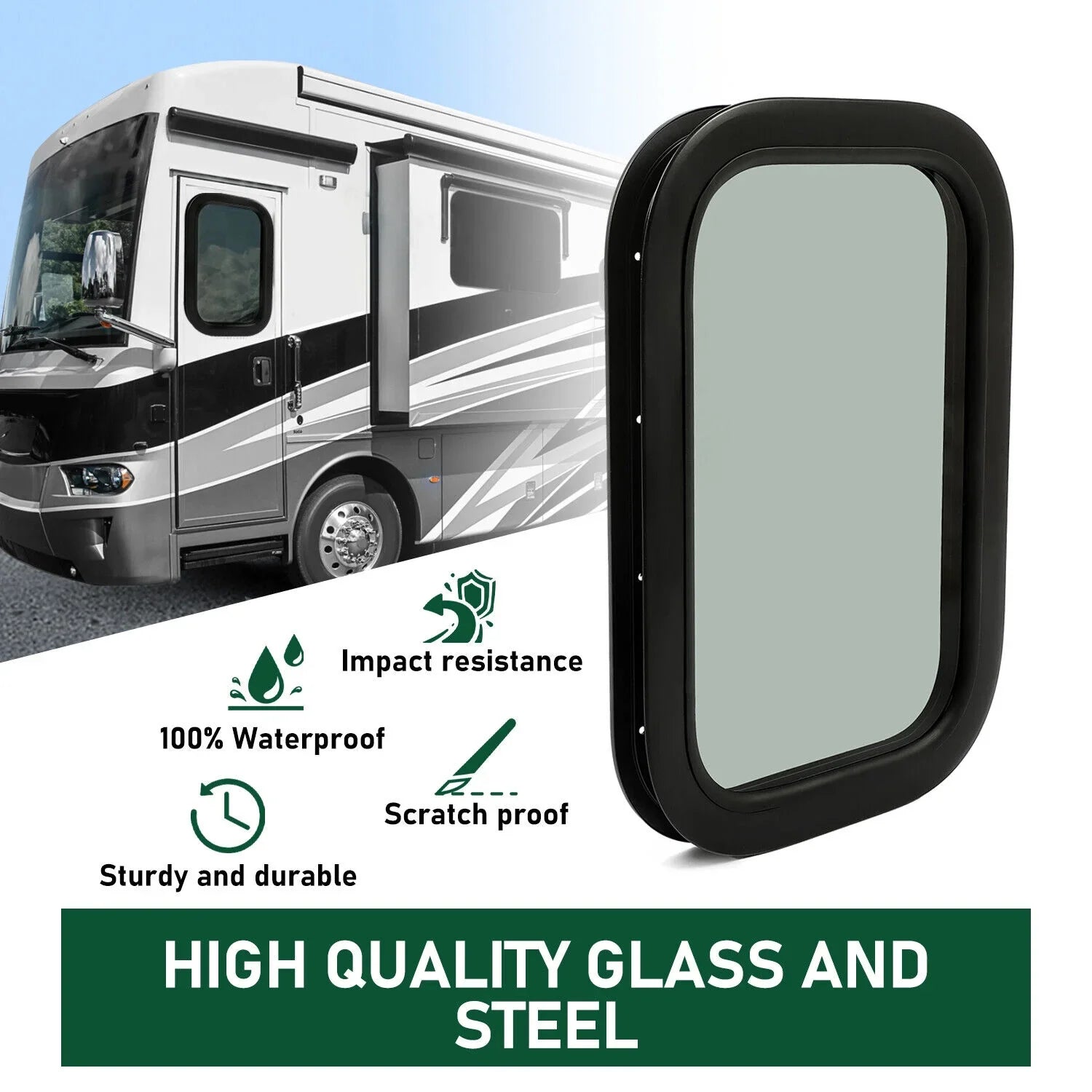 Kojem  Window Black Universal for Camper Vertical Trailer Rip-Up Cargo Powder Coated Glass Steel