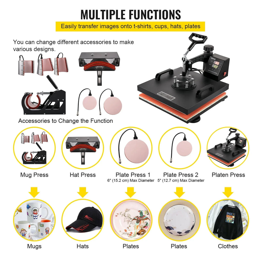 Heat Press Machine 15"x15" 8 in 1 Combo Digital Multifunctional Sublimation Heat Transfer Machine Dual  Display 360 Degree Rotation Swing Away