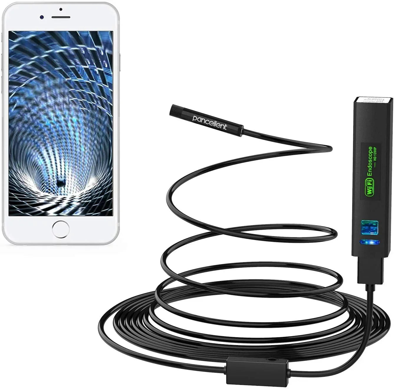 Pancellent Wireless Snake Camera 1200P WiFi Inspection Camera  Endoscope with 8  Light Rigid Cable Borescope for iPhone Android Smartphone Table Ipad  (5 Metes,16.5 )
