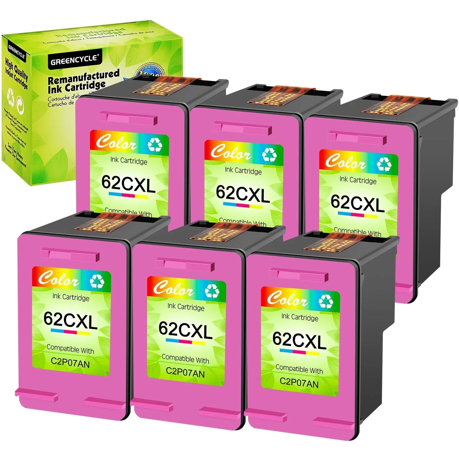 62XL Ink Cartridges Replacement for  High Yield 62  Compatible with Envy 5540 5640 5660 7644 7645 OfficeJet 5740 8040 OfficeJet 200 250 (6 Tri-Color)