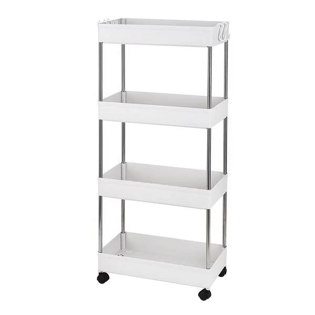 4-Tier Rolling Storage Cart with 4 hooks, Utility Cart with Wheels, for Kitchen, Bathroom, Laundry Room, Plastic and Stainless Steel, White