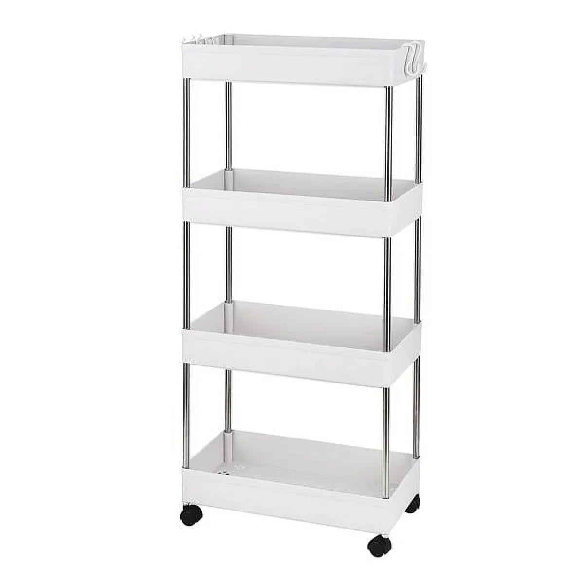 4-Tier Rolling Storage Cart with 4 hooks, Utility Cart with Wheels, for Kitchen, Bathroom, Laundry Room, Plastic and Stainless Steel, White