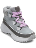 Womens Gray Faux Shearling Cuff Waterproof Cushioned Zerogrand Flurry Round Toe Wedge Lace-Up Leather Hiking Boots 5
