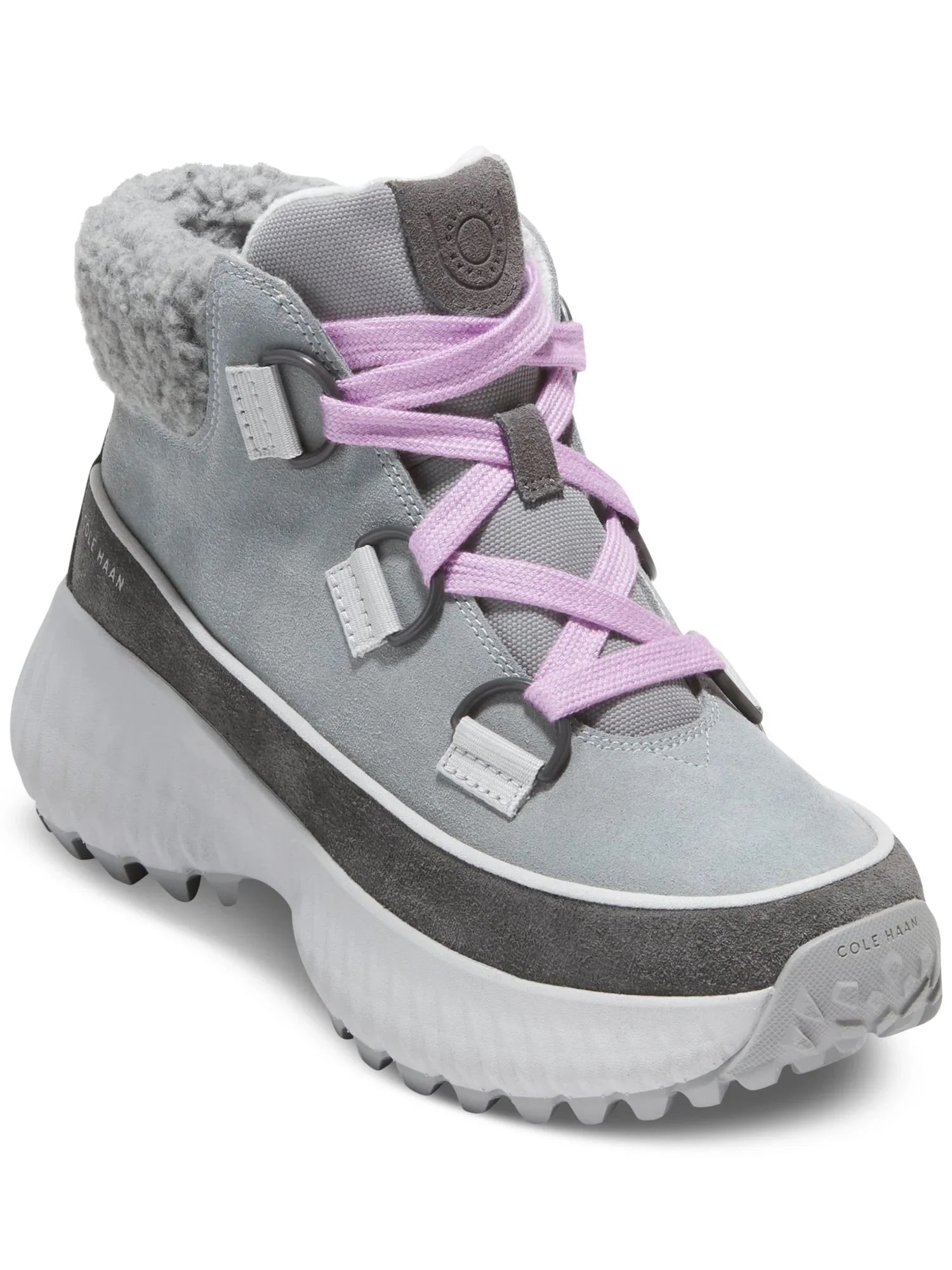Womens Gray Faux Shearling Cuff Waterproof Cushioned Zerogrand Flurry Round Toe Wedge Lace-Up Leather Hiking Boots 5