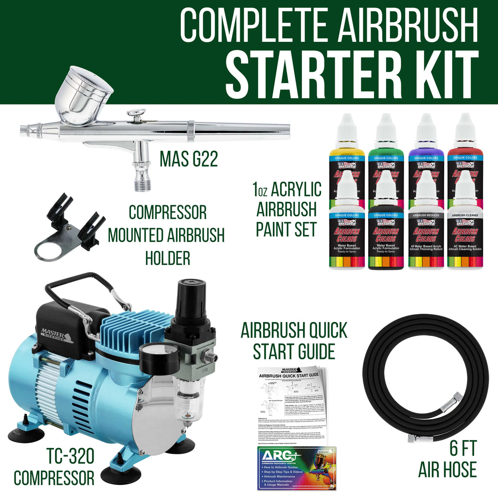 Master Airbrush Multi-Purpose Gravity Feed Airbrushing System Kit - 6 Primary Opaque Colors Acrylic and Air Compressor
