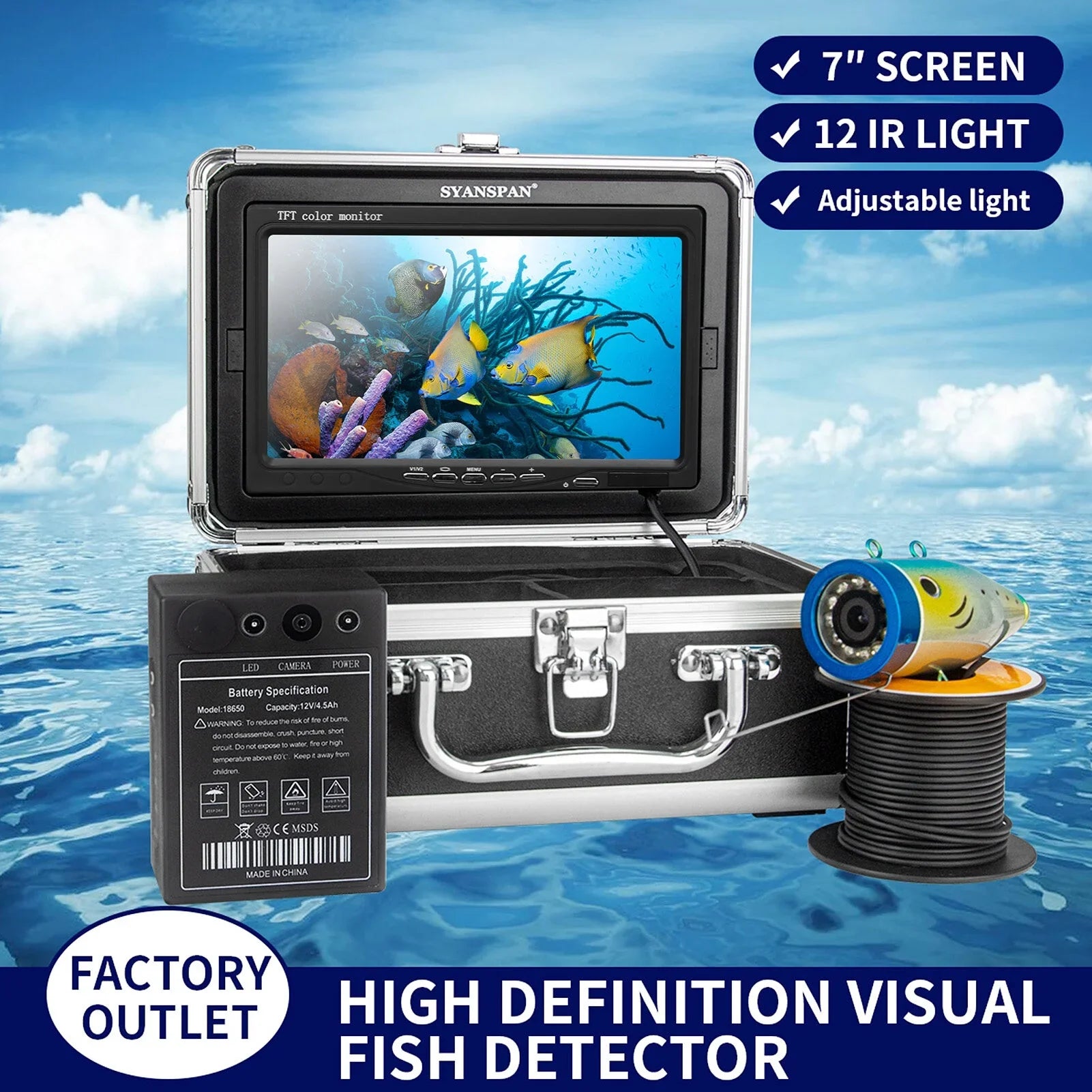 7 Inch 1200TVL Underwater Fishing Camera Fish Finder 12 Infrared  Lamps 15M for Ice Sea Fishing