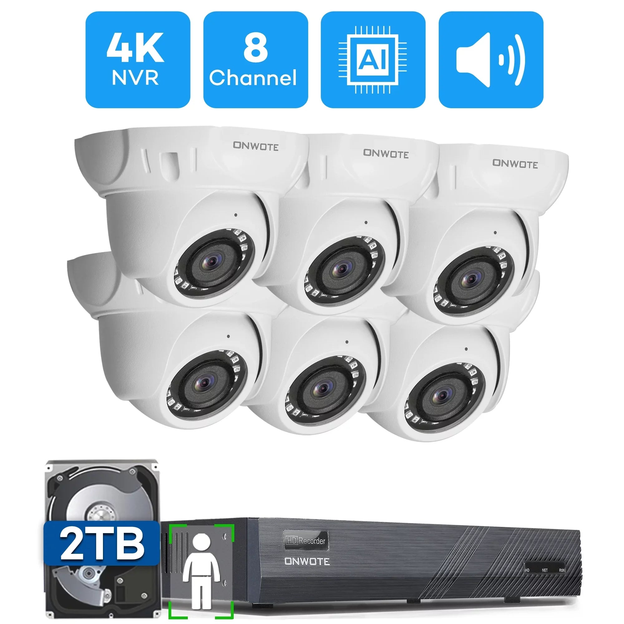 8 Channel 4K Security Camera System,  Human Detection, 8CH 4K 8MP   with 2TB  for 24/7 Recording, 6pcs 4K Wide Angle Outdoor Cameras Wired, 8 Channel Synchronous Playback